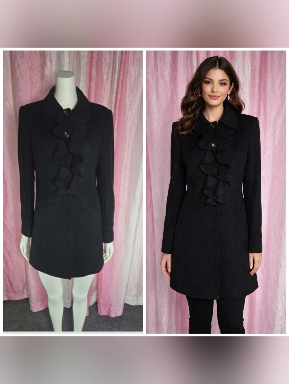 Jonathan Michael Vintage Black Ruffle Lambswool Mob Boss Dress Coat Size 8